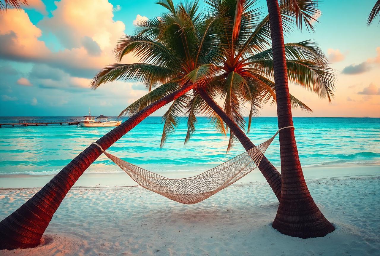 Tropical hammock between palm trees on a pristine beach