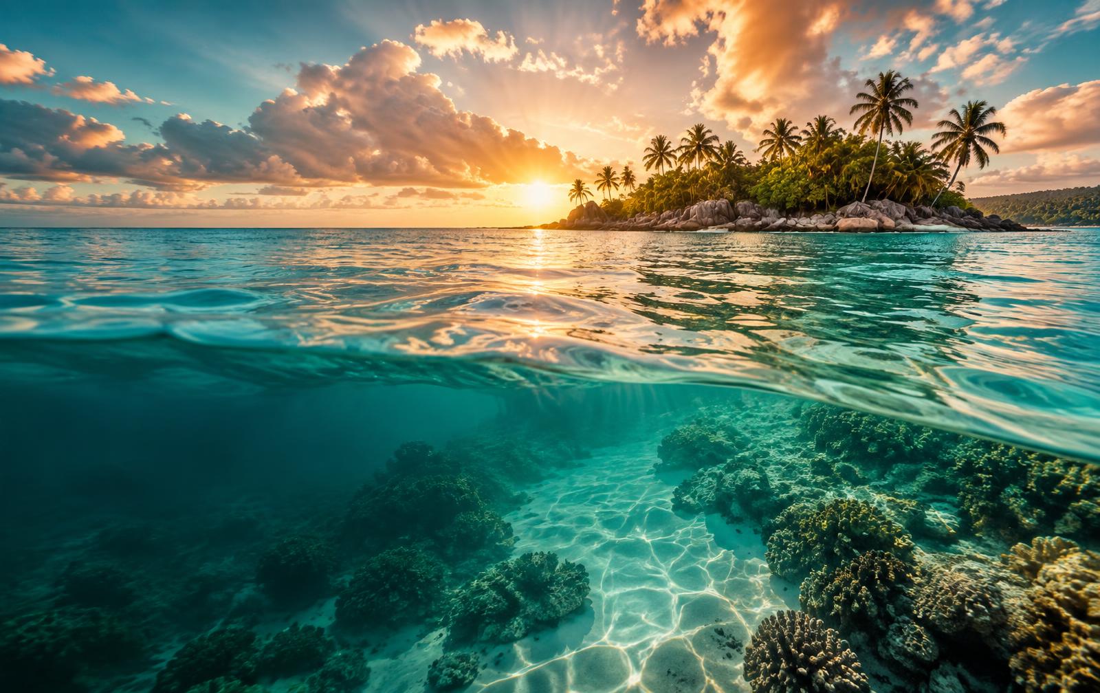 Clear Caribbean water and coral reef facing a palm-covered island