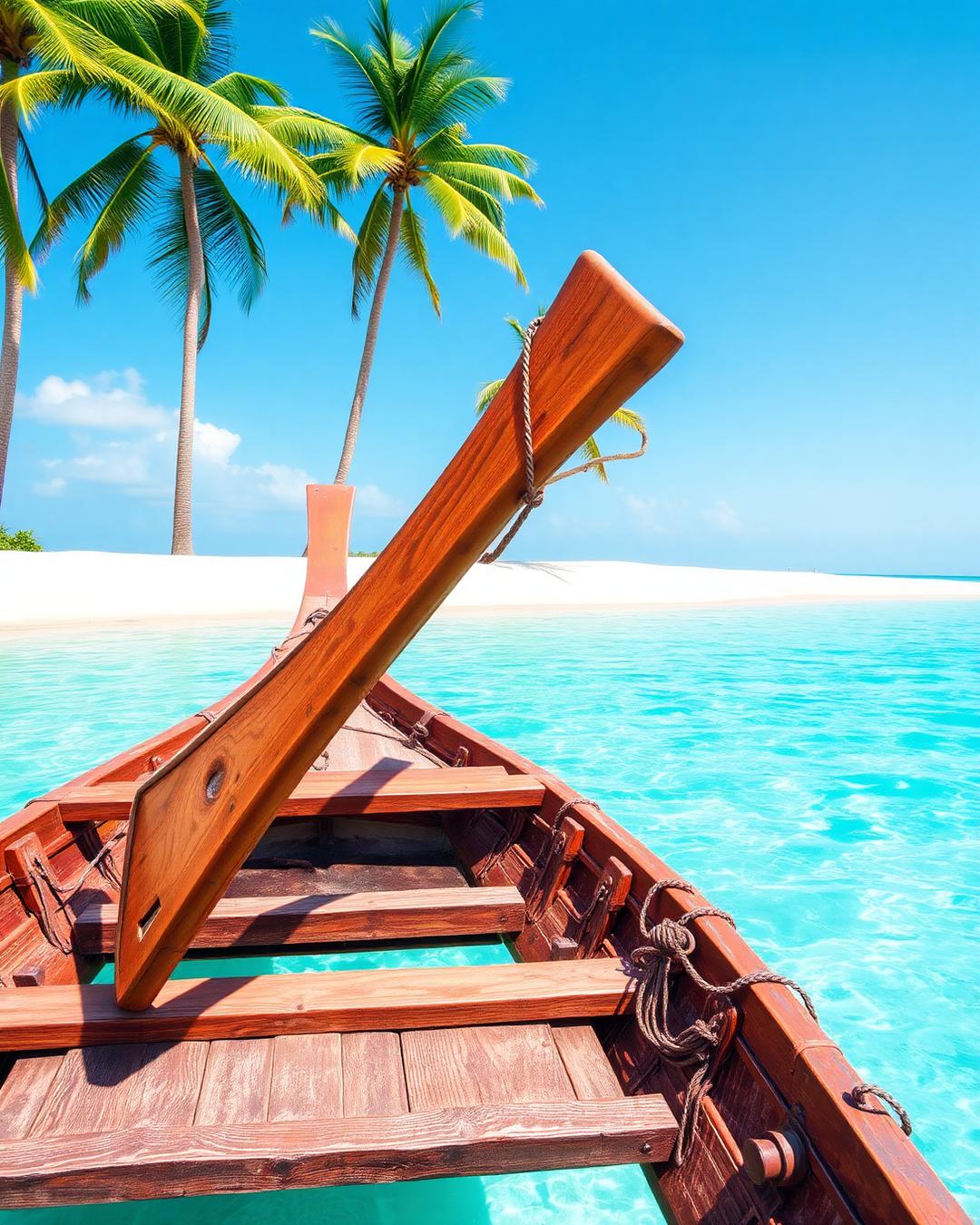 Wooden boat on crystal clear Caribbean water