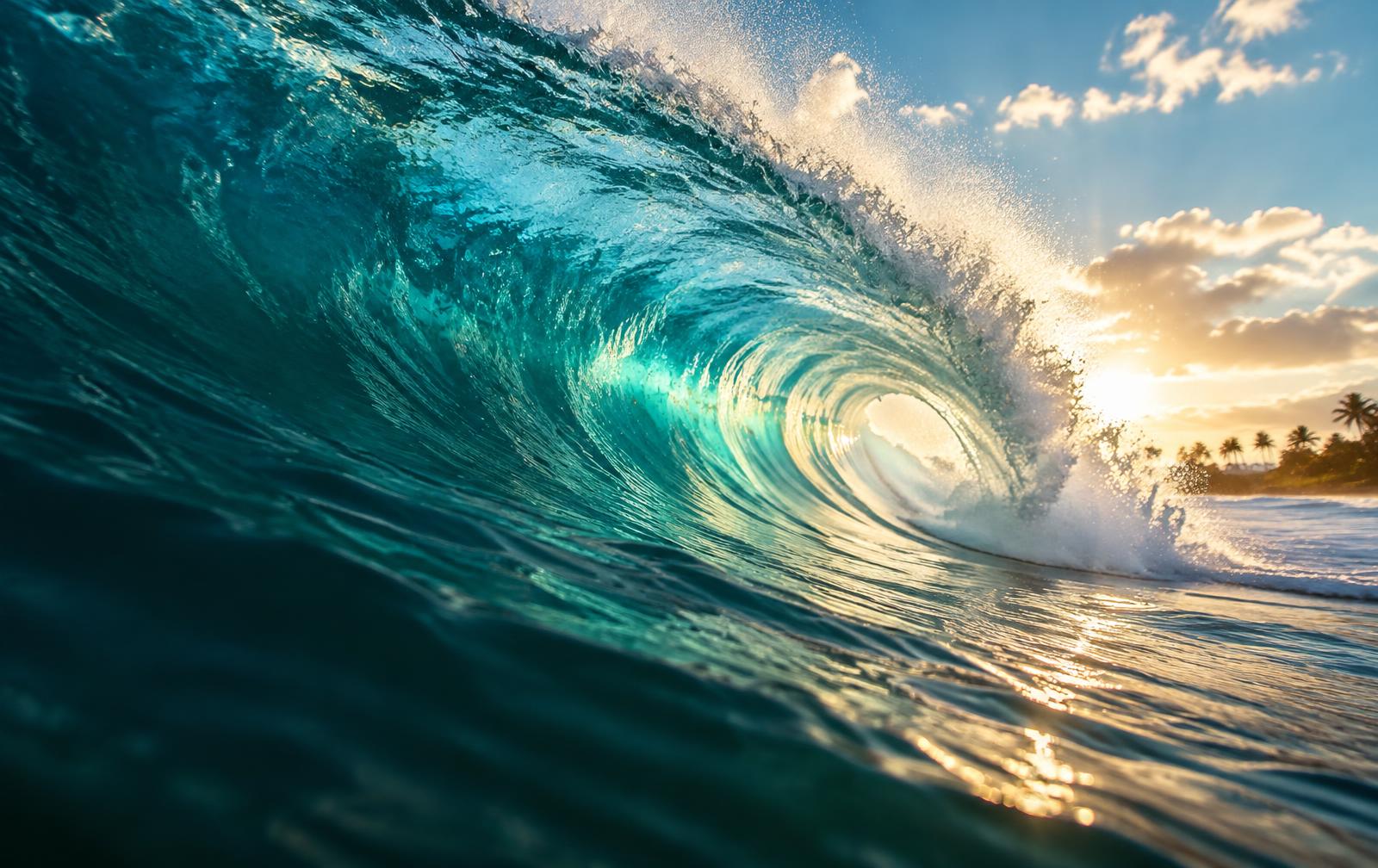 Turquoise tropical wave curling in warm sunlight