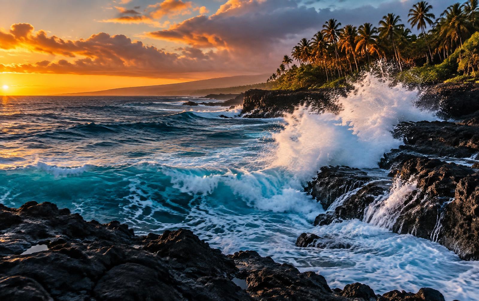 Ocean surf breaking over a palm-lined Hawaiian volcanic coast