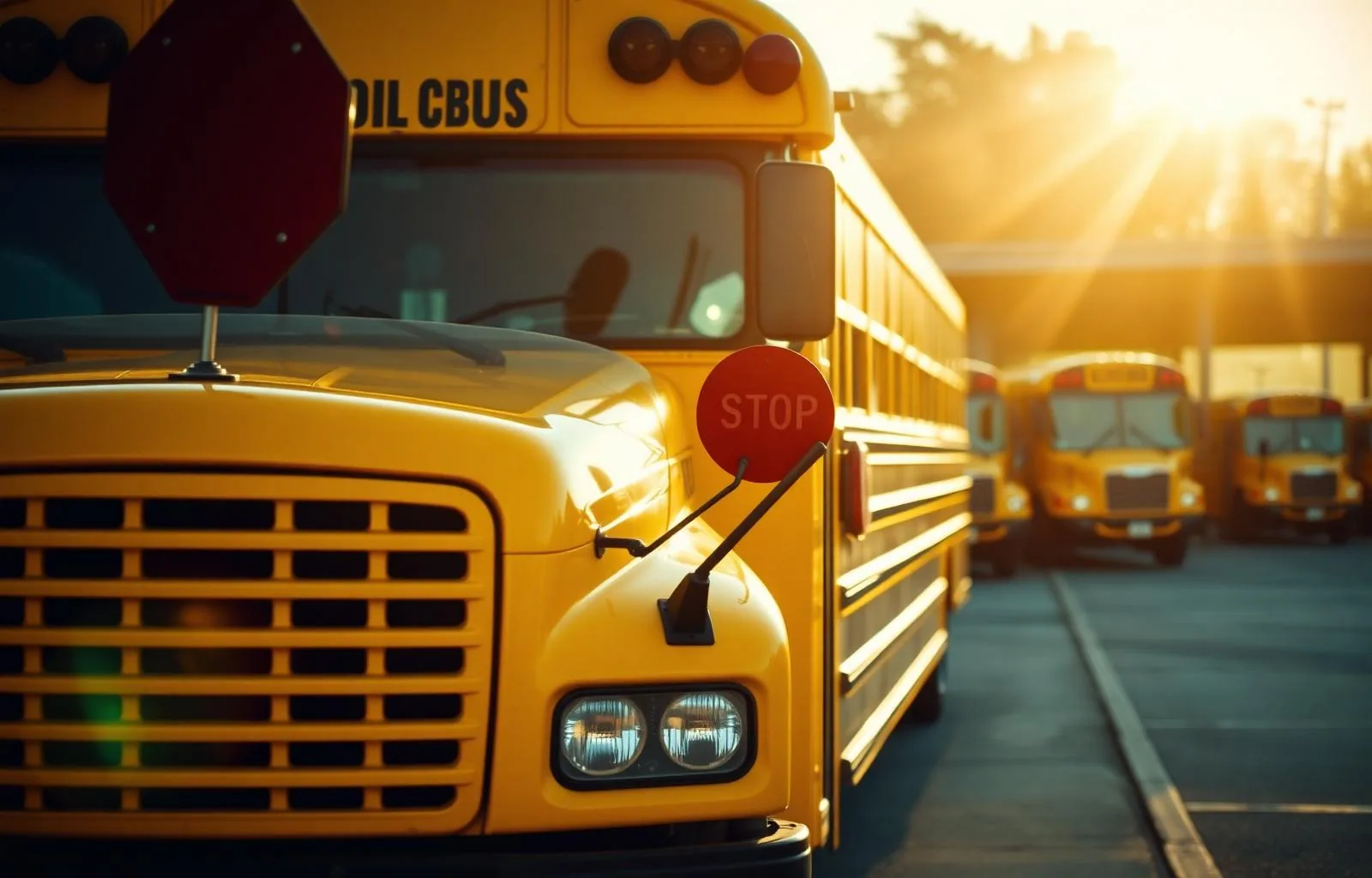 First Student school bus fleet at golden hour
