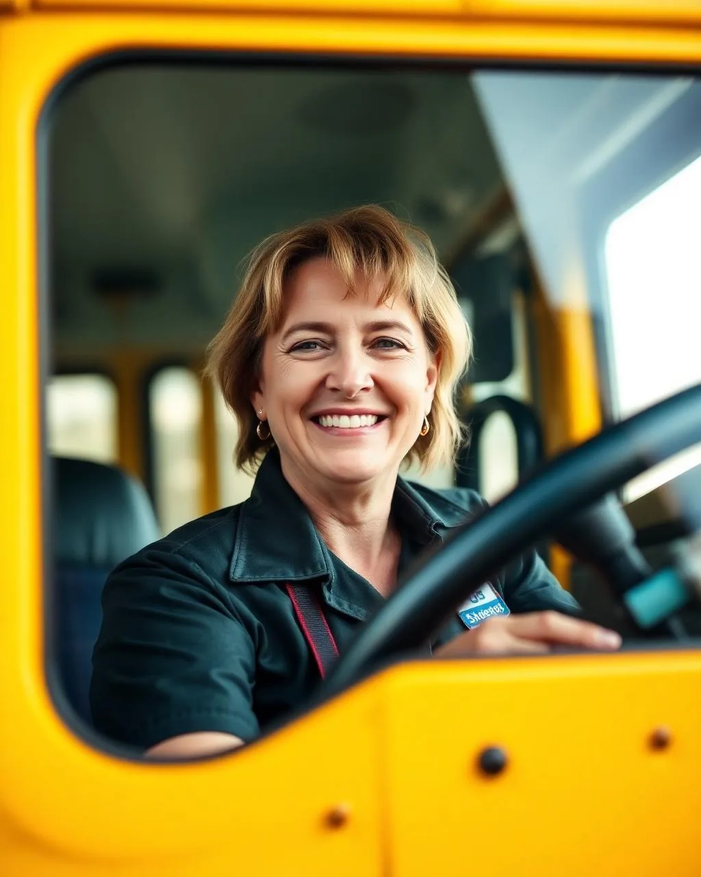 A First Student bus driver behind the wheel