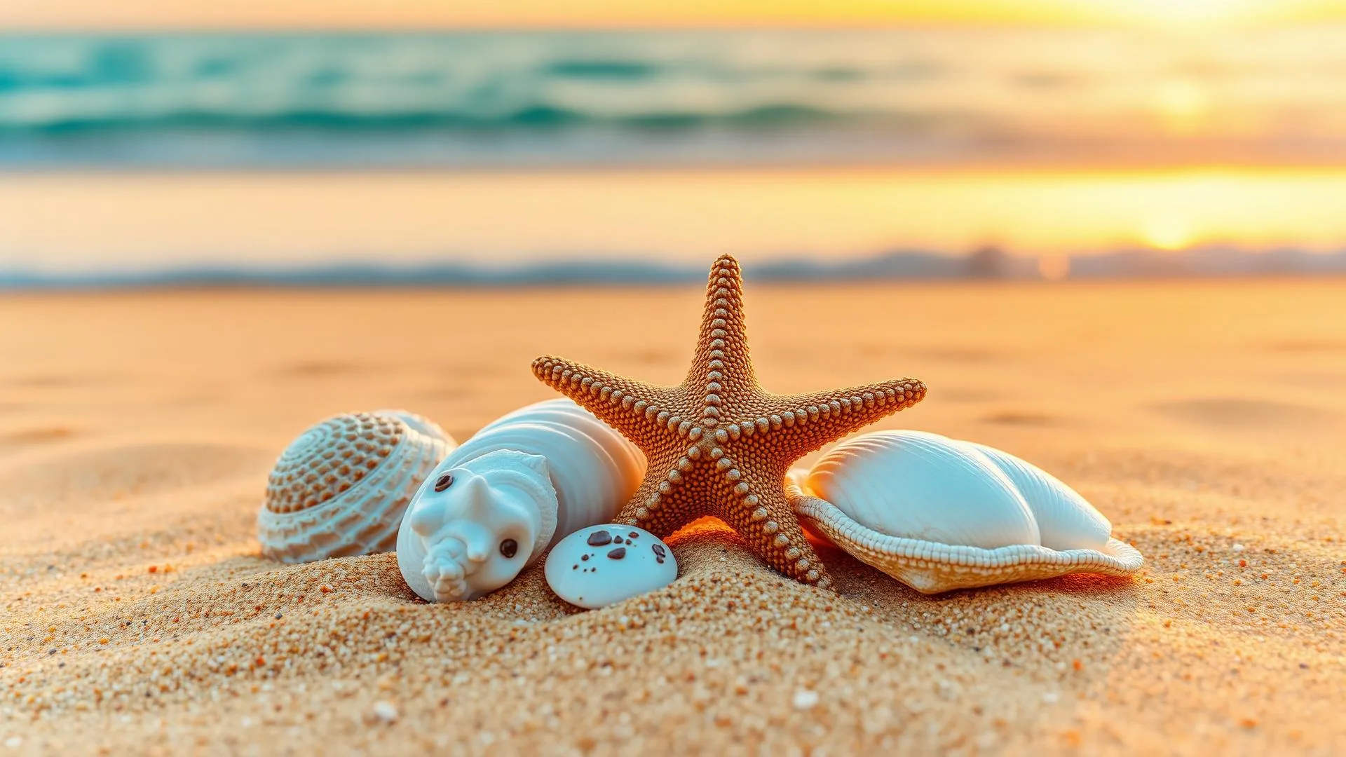 Seashells and starfish on warm sandy beach