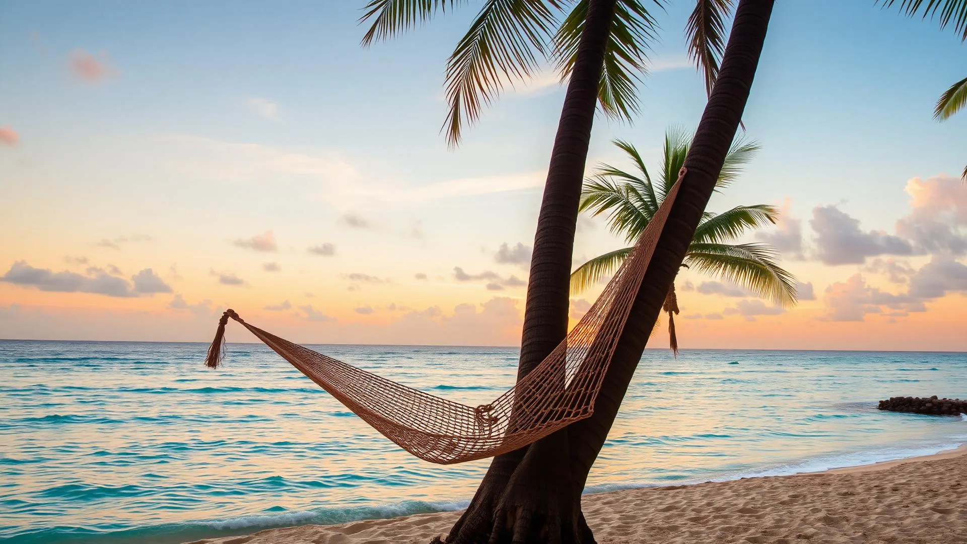 Tropical hammock between palms at sunset