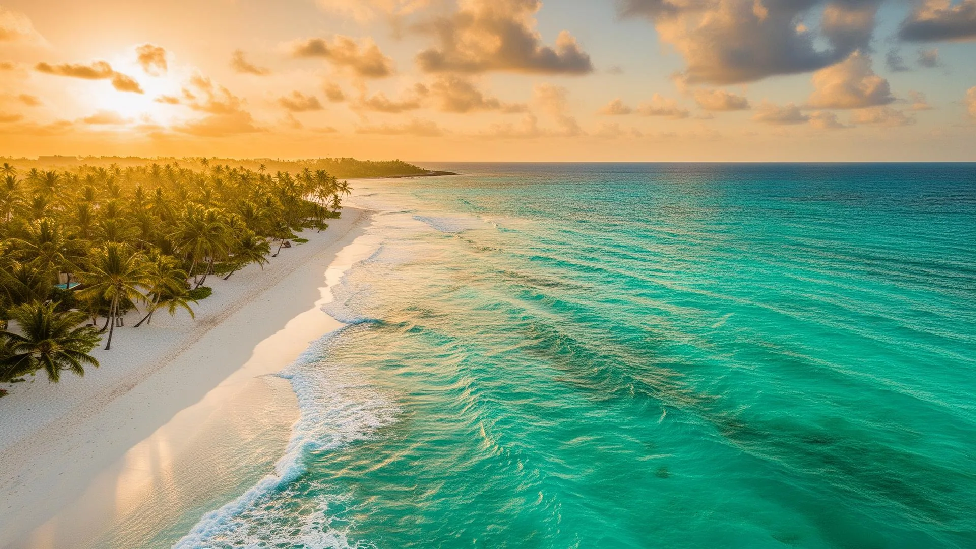 Tropical beach coastline at golden hour
