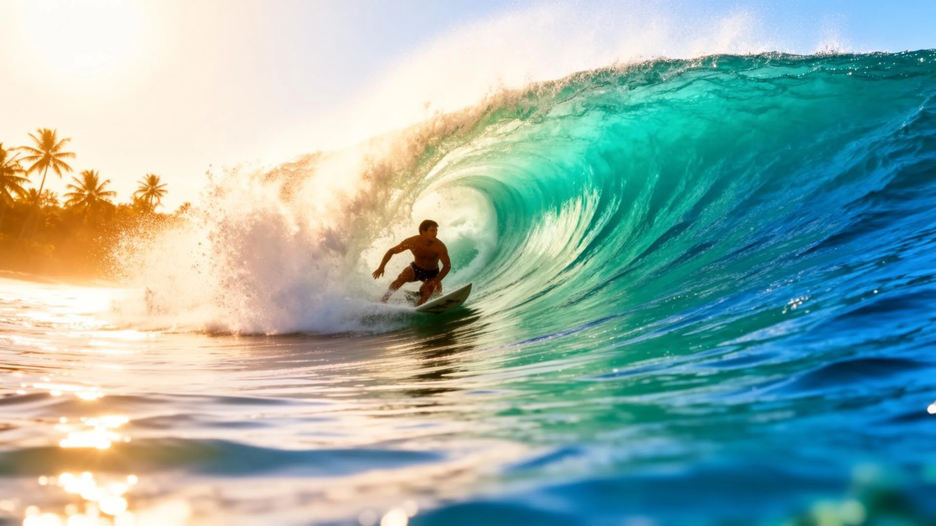 Surfer riding an epic wave at golden hour