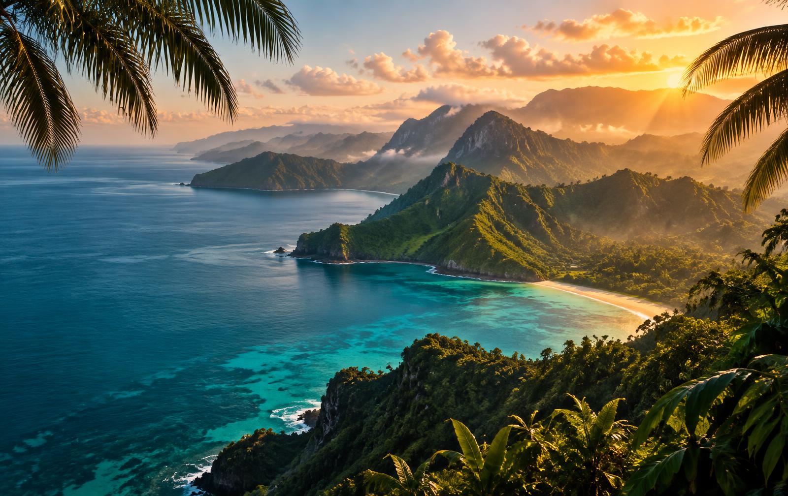 Layered tropical headlands overlooking turquoise bays at sunrise