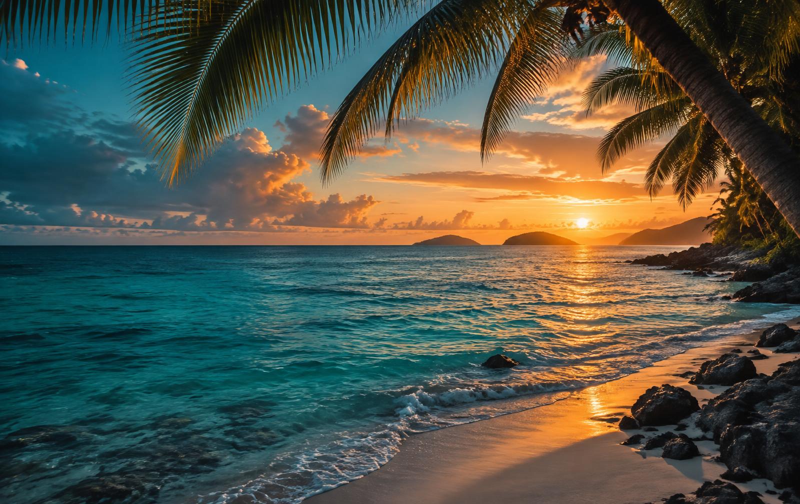 Palm-framed Caribbean beach and turquoise sea at sunset