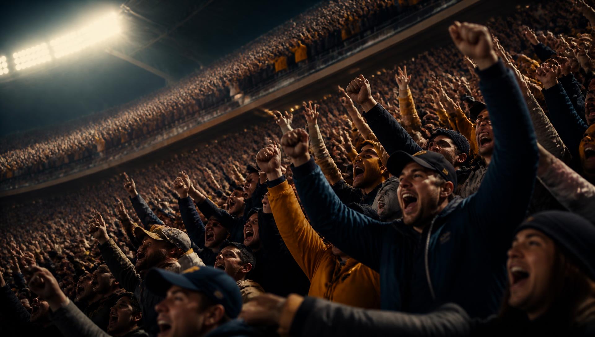 Crowd cheering under stadium floodlights