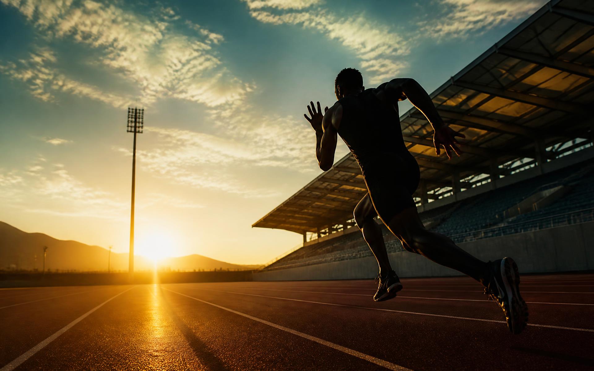 Athlete sprinting on a stadium track at sunrise