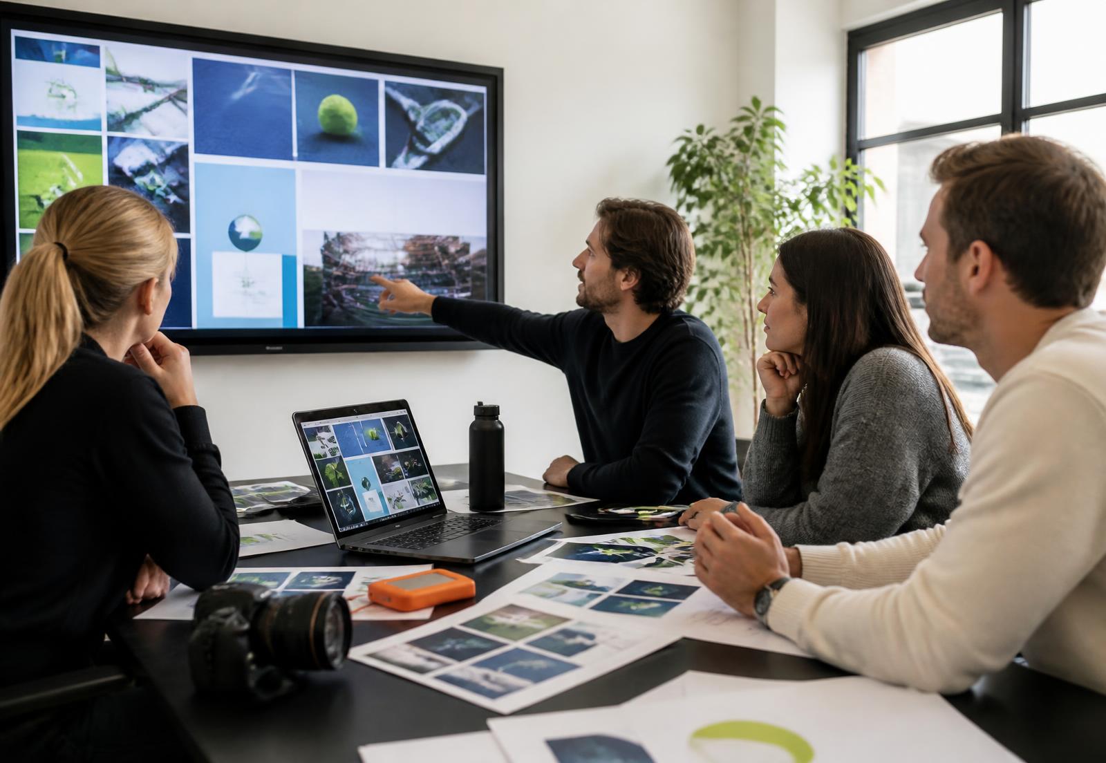 Marketing team reviewing sports brand and content designs