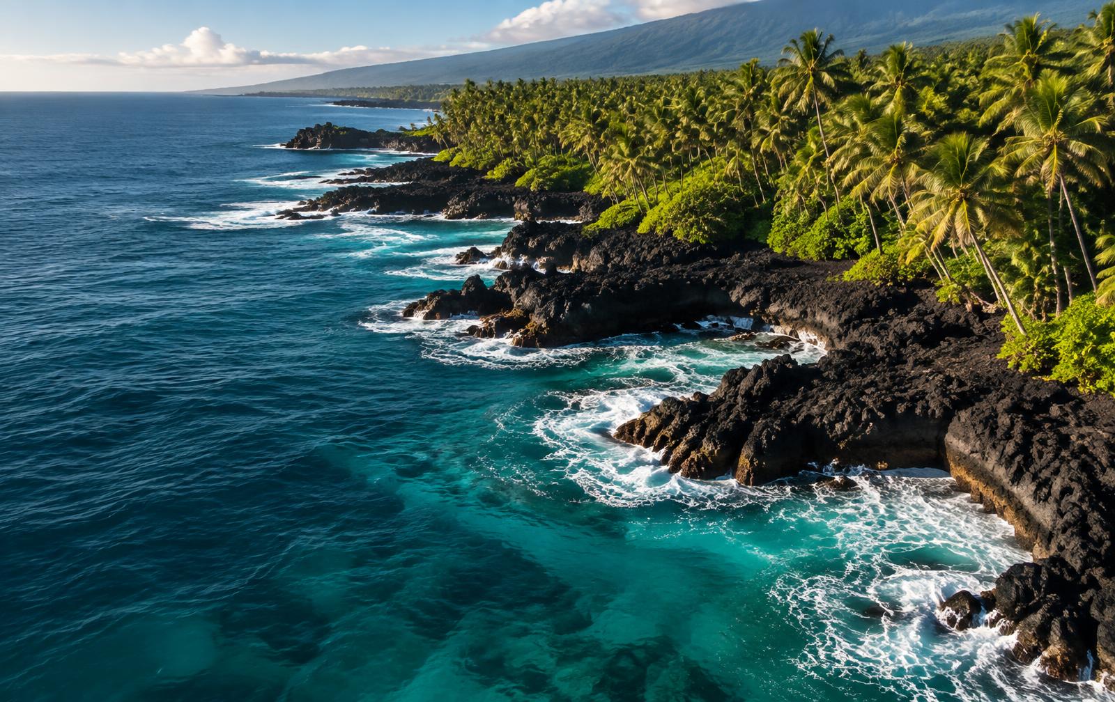 Hawaiian volcanic coastline lined with palms and turquoise water